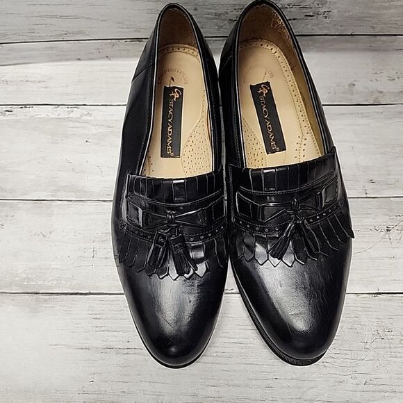 Stacy Adams Mens Leather Kiltie Tassel Dress Shoes Sz 11M Black Slip On - Picture 1 of 11
